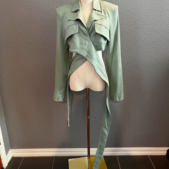 JLUXLABEL Myling Linen Blend Cropped Wrap Top Jacket in Sage Green - NWT - Small - Picture 8 of 12